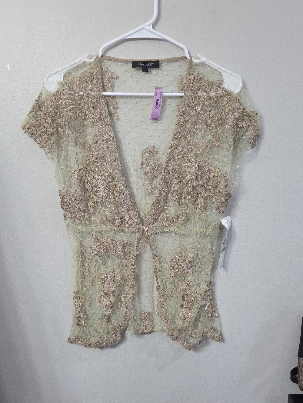 Karen Kane Delicate Sheer Embroidered Beaded V-Neck Top in Champagne
